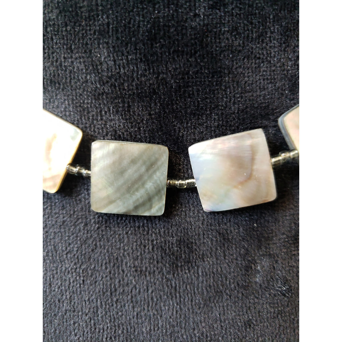 Women Mother of Pearl Shell Tile Beaded Necklace Square Iridescent Natural Tones
