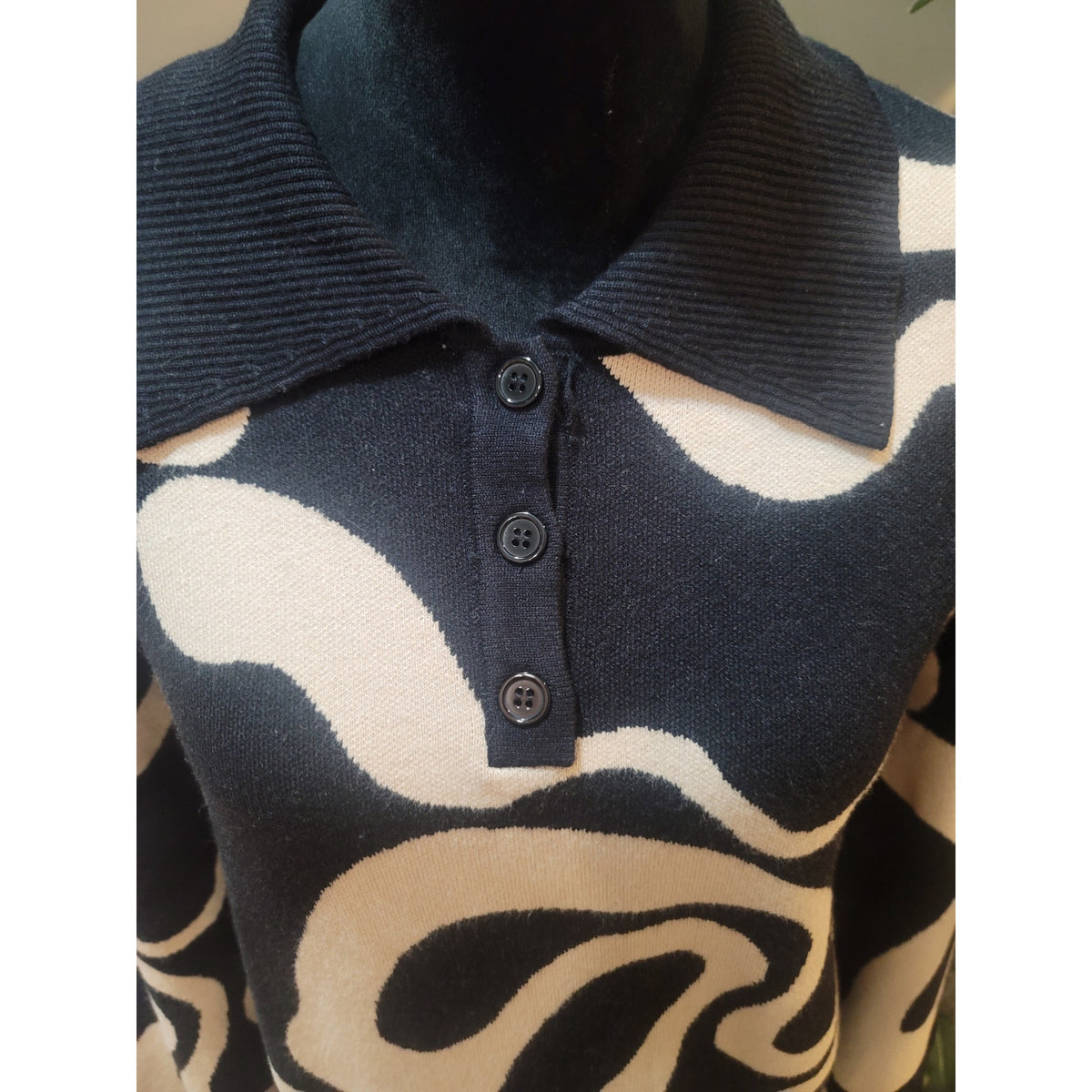Cider Polo Sweater Women's 2XL Black/Beige Abstract Drop Shoulder Pointed Collar