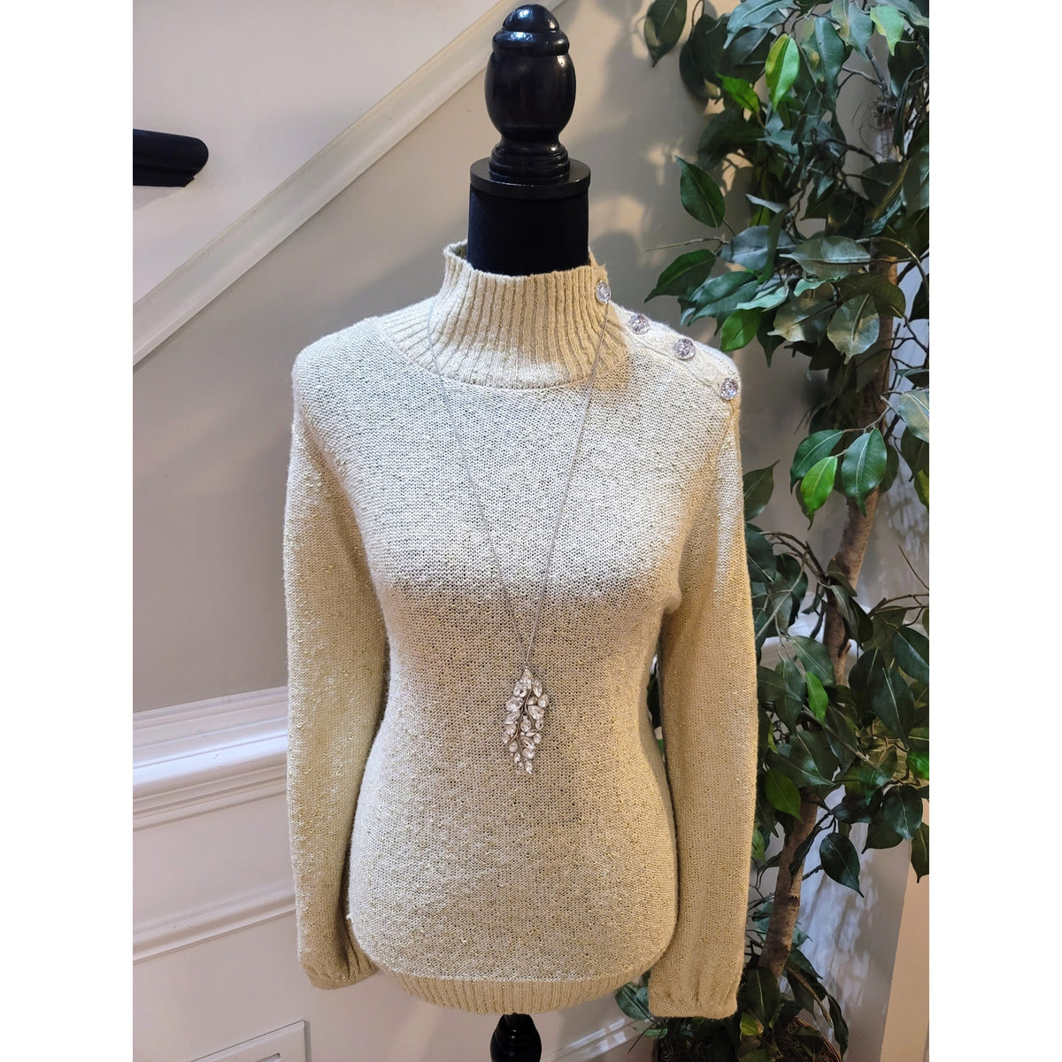 New York & Company Pullover Sweater Womens Medium Beige Ribbed Hem Mock Neck