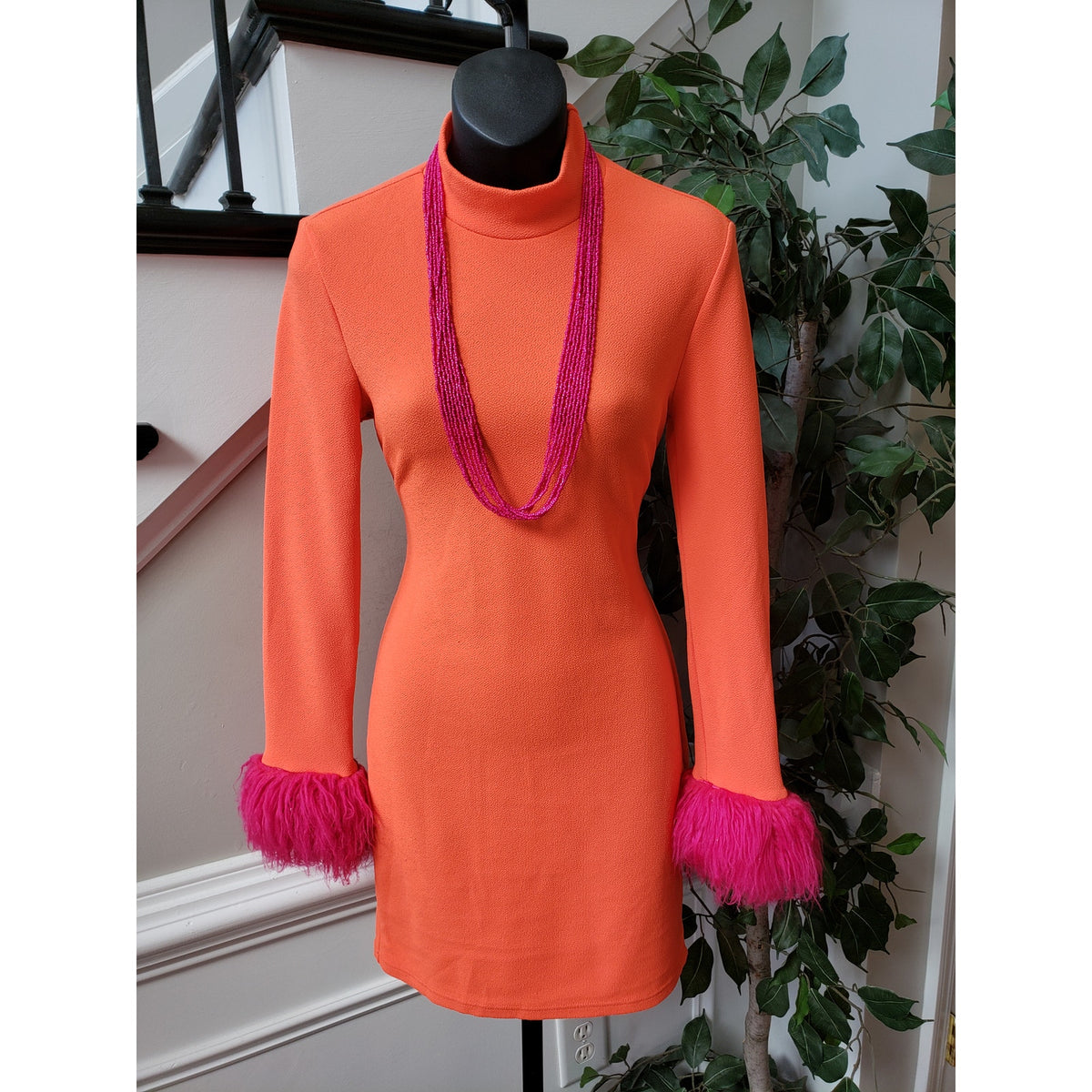 SHEIN Bodycon Dress Women's Medium Orange Long Fringe Sleeve Mock Neck Pullover