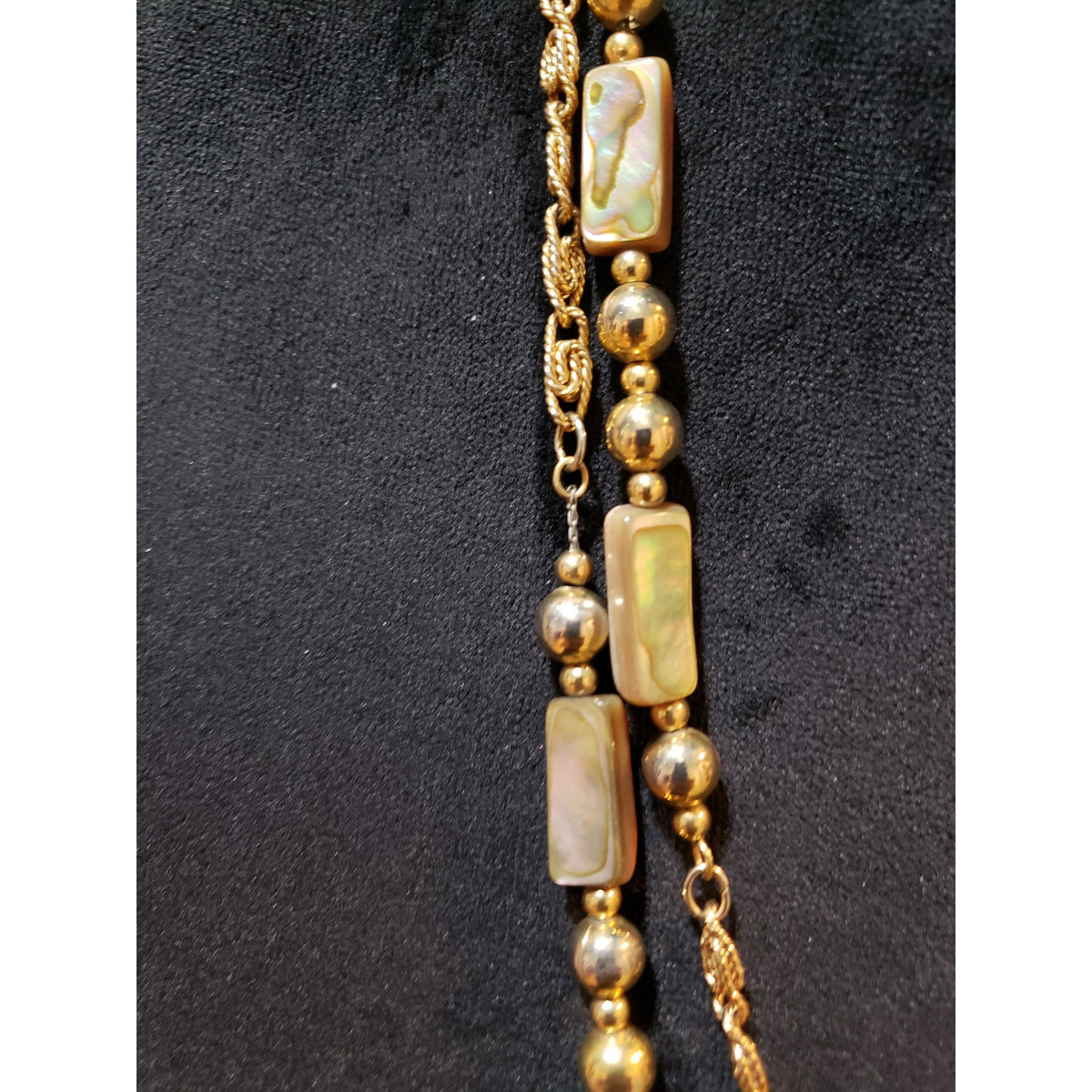 Womens 2 Strand Gold Tone Abalone Stone Metal Beads Paperclip Chain Necklace