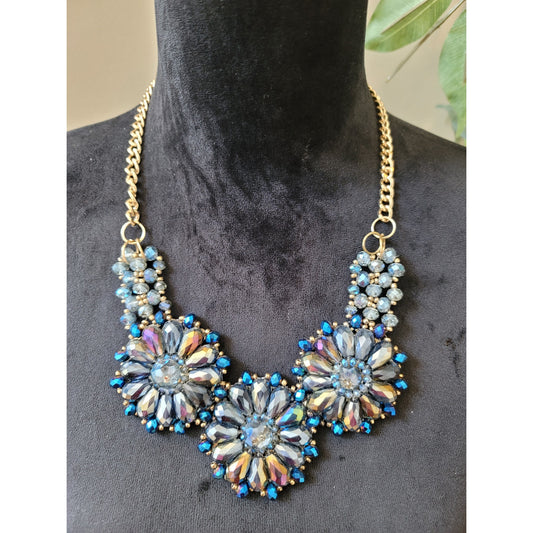 Women's Statement Crystal Flower Necklace With Gold Chain And Lobster Clasp
