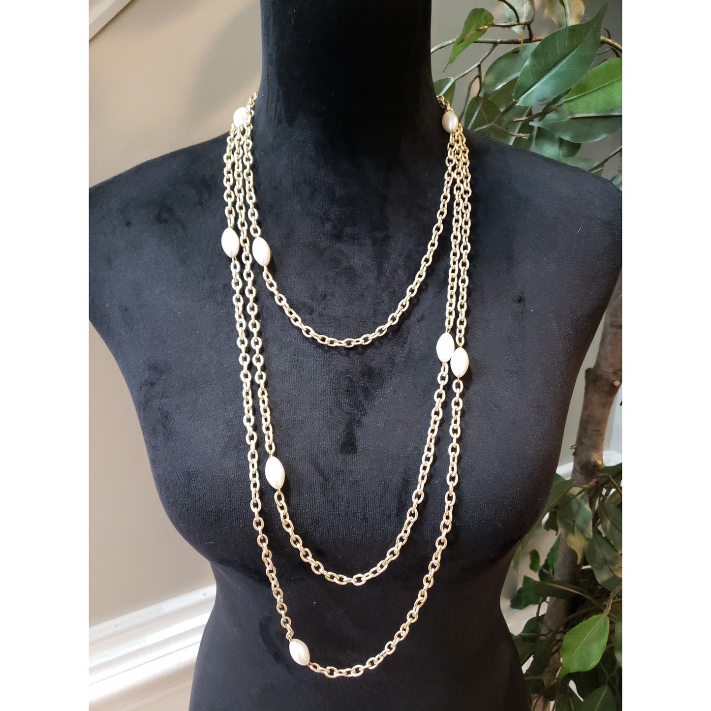 Women Gold Pearl Beaded Chain Necklace Long Layered Elegant Fashion Jewelry
