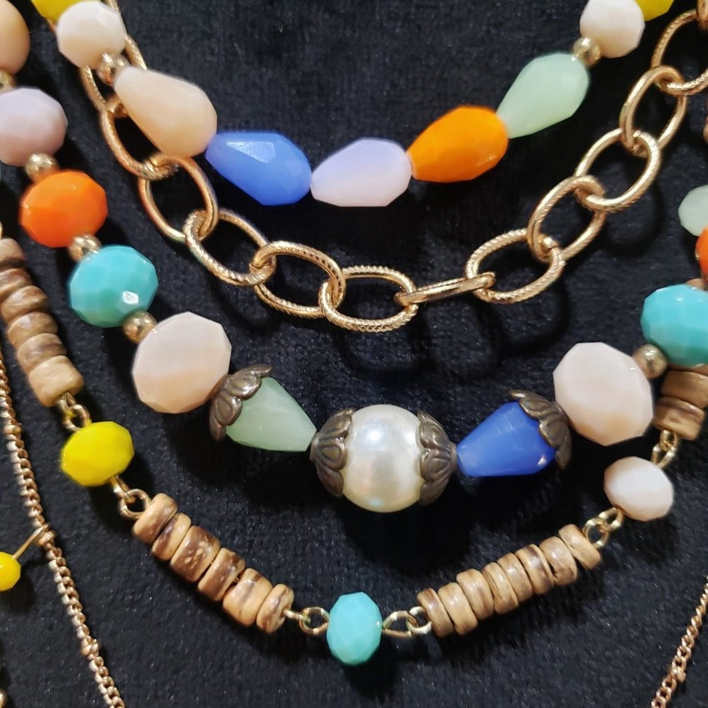 Plunder Multi Resin Layered Bead Gold Tone Boho Statement Necklace and Bracelet