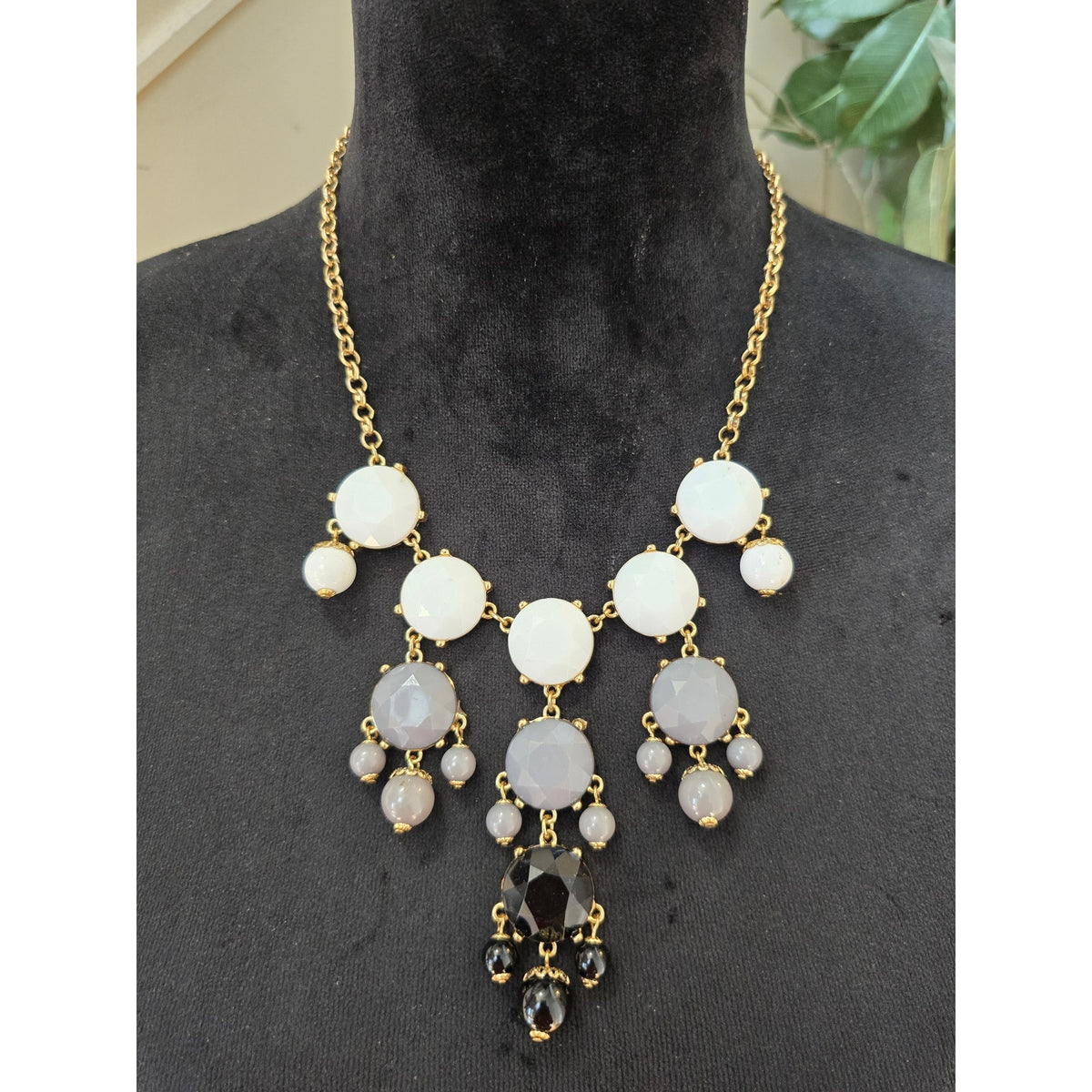 White Gray & Black Beaded Drop Statement Necklace Gold Tone Chain