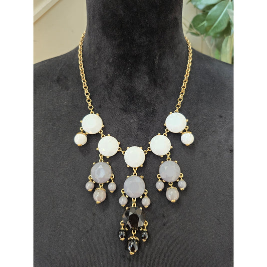 White Gray & Black Beaded Drop Statement Necklace Gold Tone Chain