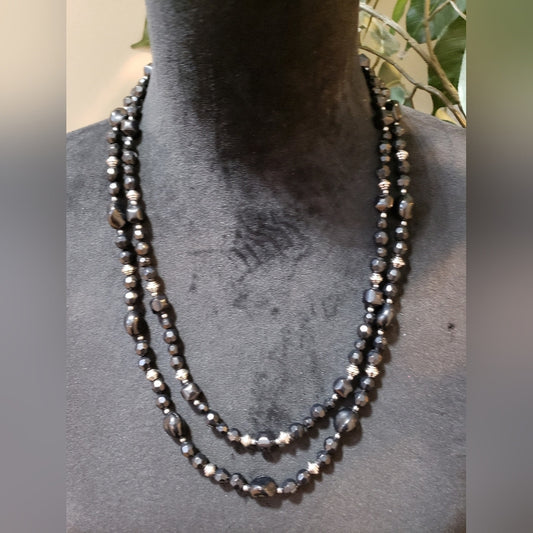 Womens Multi Layering Black Spinel Hematite Gemstone Necklace Faceted Round