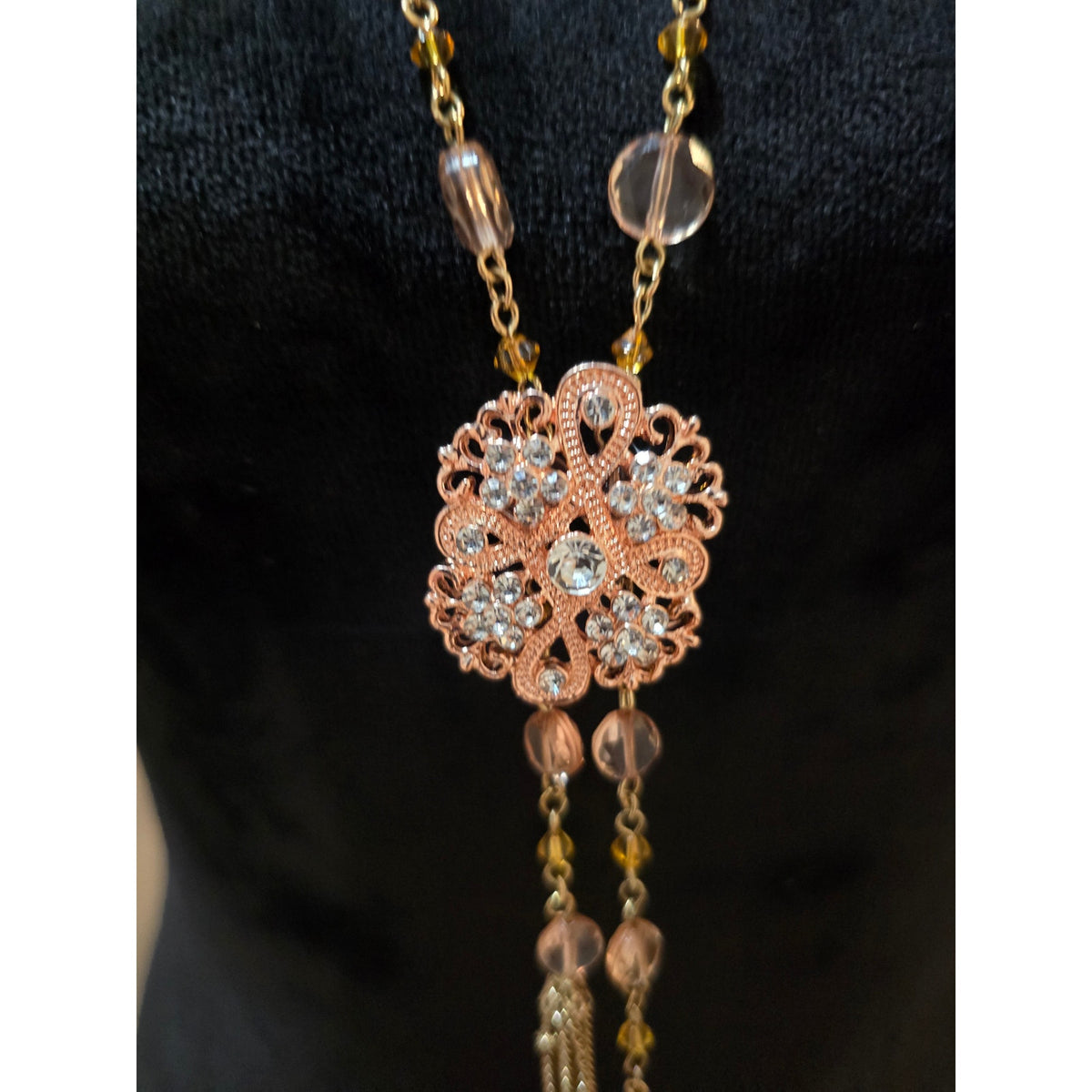 Women's Gold Tone Beaded Necklace Pink Crystal Floral Pendant Tassel Long Chain