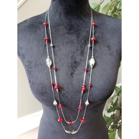 Women's Silver Tone Red Beaded Layered Necklace Long Statement Lobster Clasp