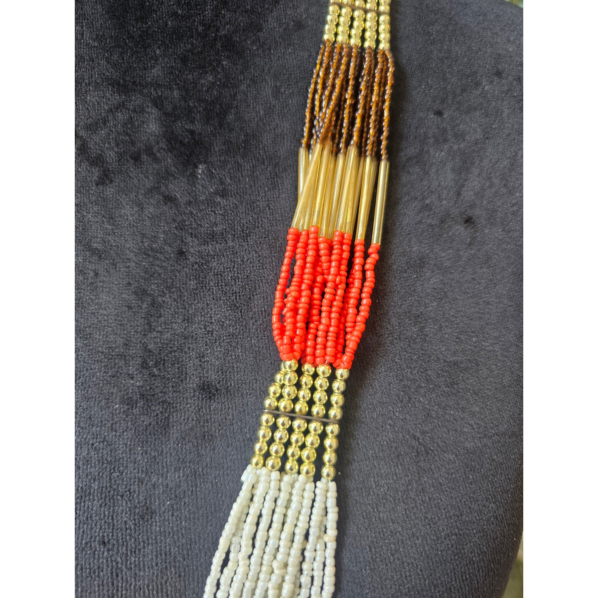 Red White Brown Multi Strand Seed Bead Long Statement Necklace