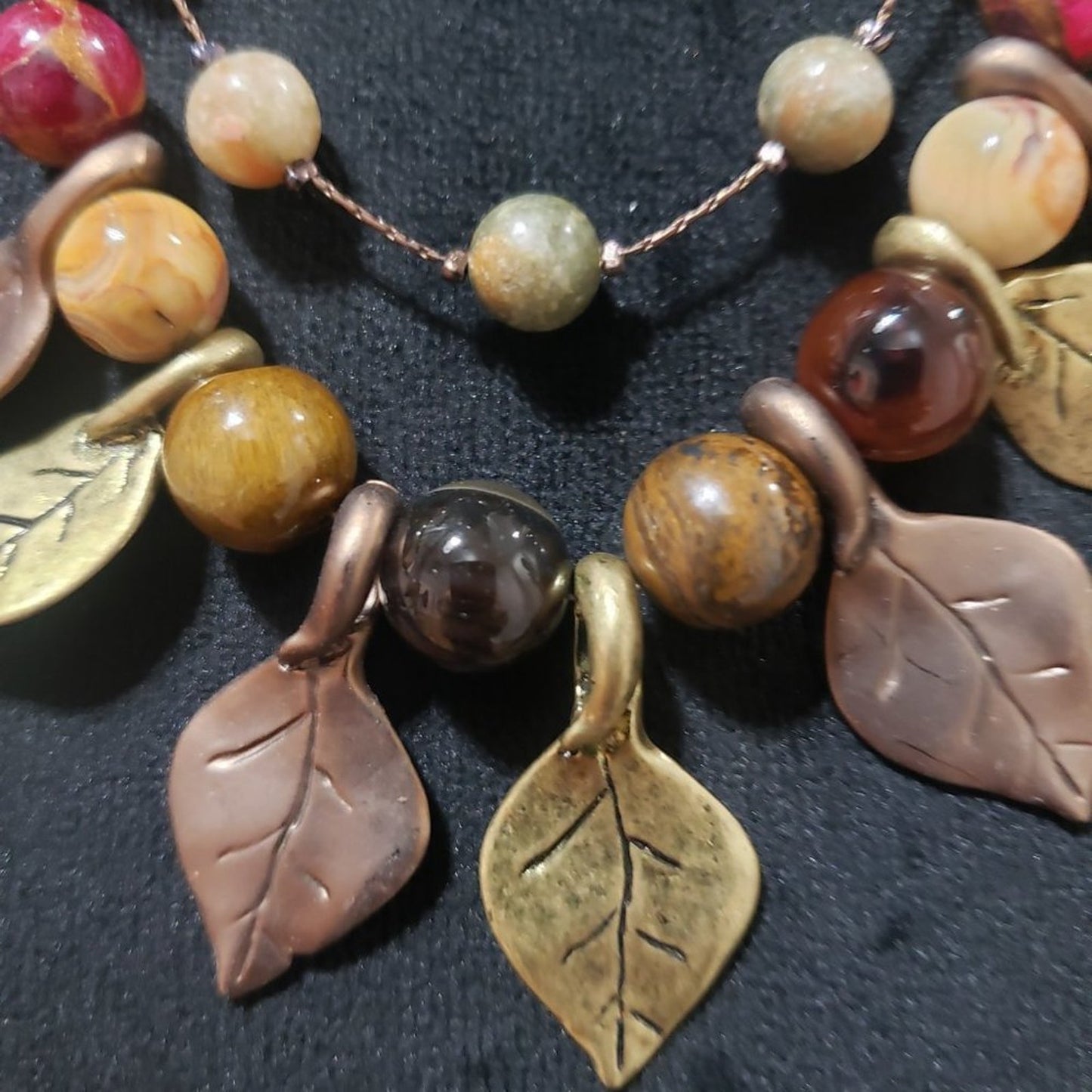 Christopher & Banks Vintage Metal Leaves and Marbled Beads Statement Necklace