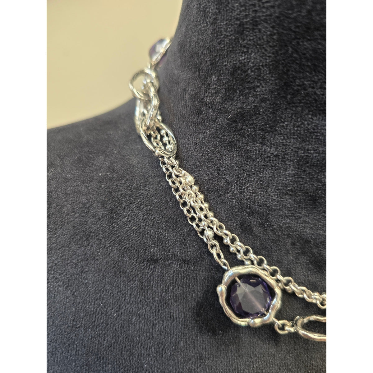 Silver Tone Layered Chain Oversized Open Teardrop Pendant Toggle Necklace