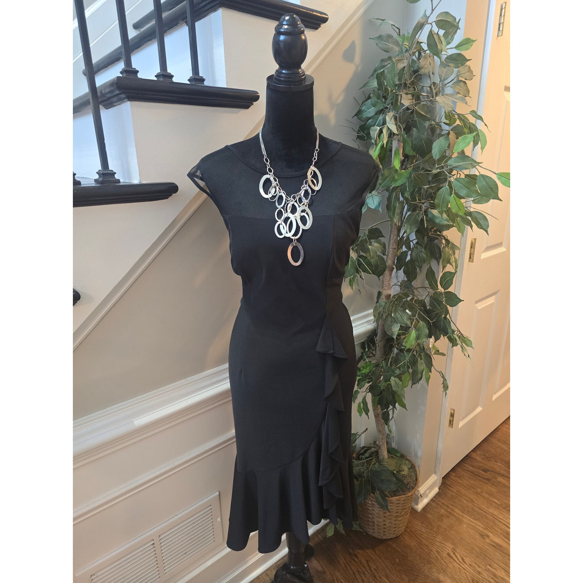 R&M Richards Midi Dress Women's SZ 8 Black Ruffle Flute Hem Asymmetric Cascade