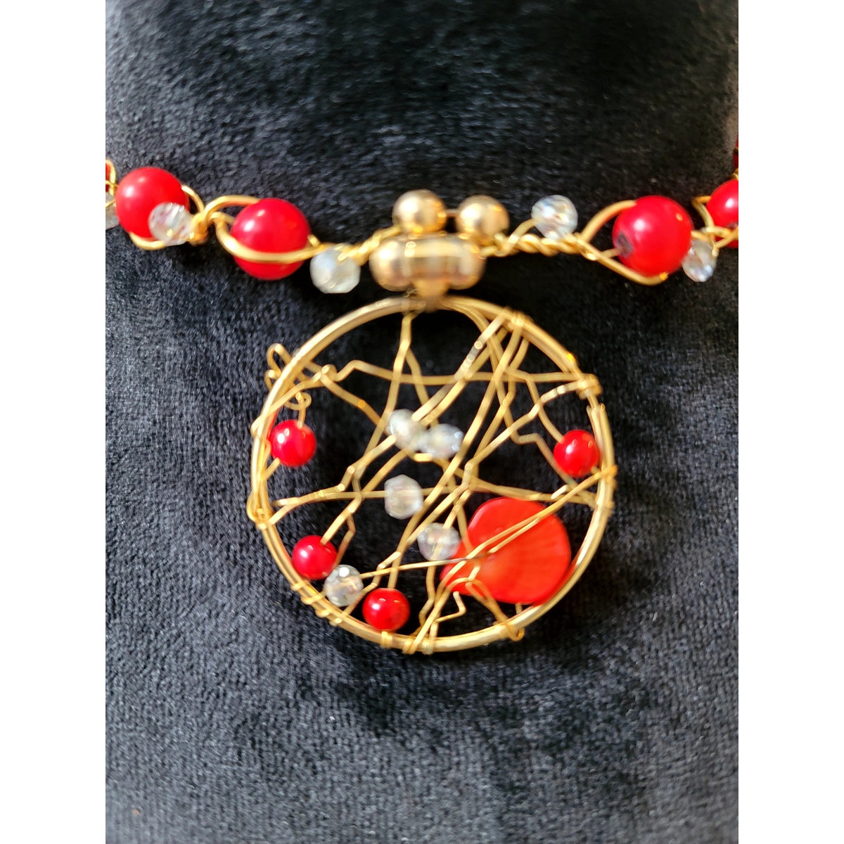 Red Beaded Gold Tone Dreamcatcher Pendant Statement Necklace Boho