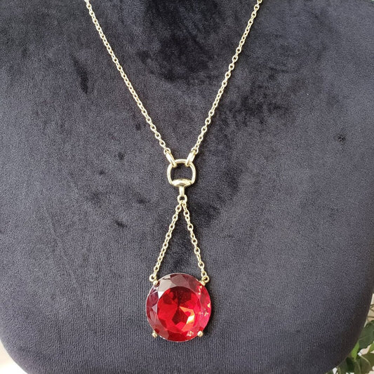 Womens Fashion Red Gemstone Round Pendant Necklace Jewelry with Lobster Clasp