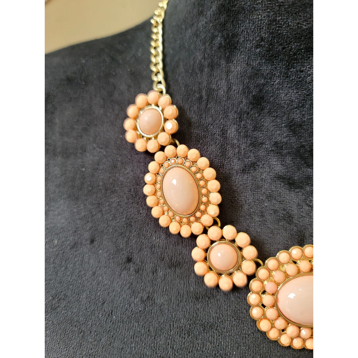 Peach Blush Beaded Cabochon Statement Necklace Gold Tone
