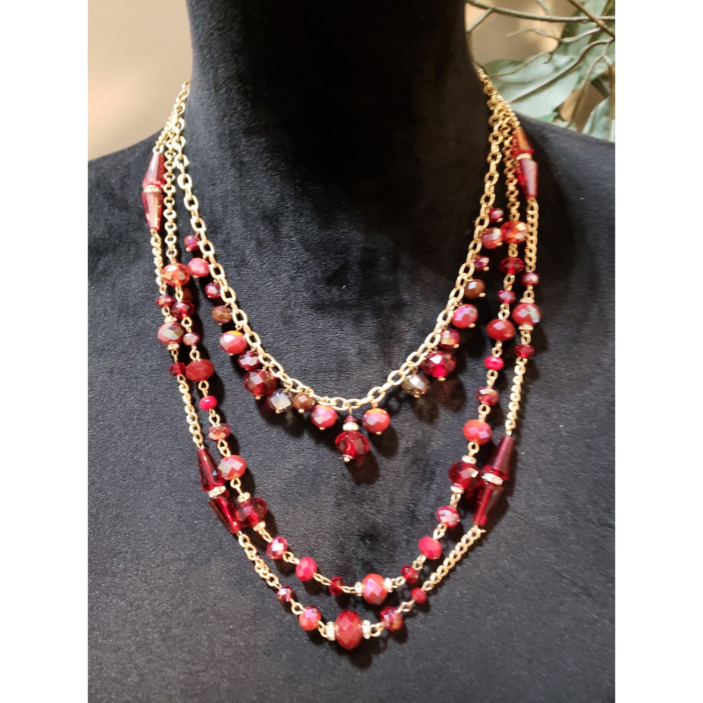 Ali Khan Womens 3 Strand Gold Tone Red Beads Aurora Borealis Necklace Jewelry