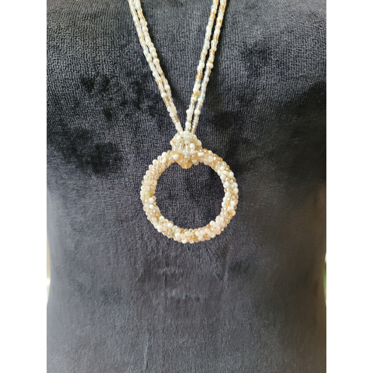 Women's Beaded Necklace With White And Gold Seed Beads And Circle Pendant