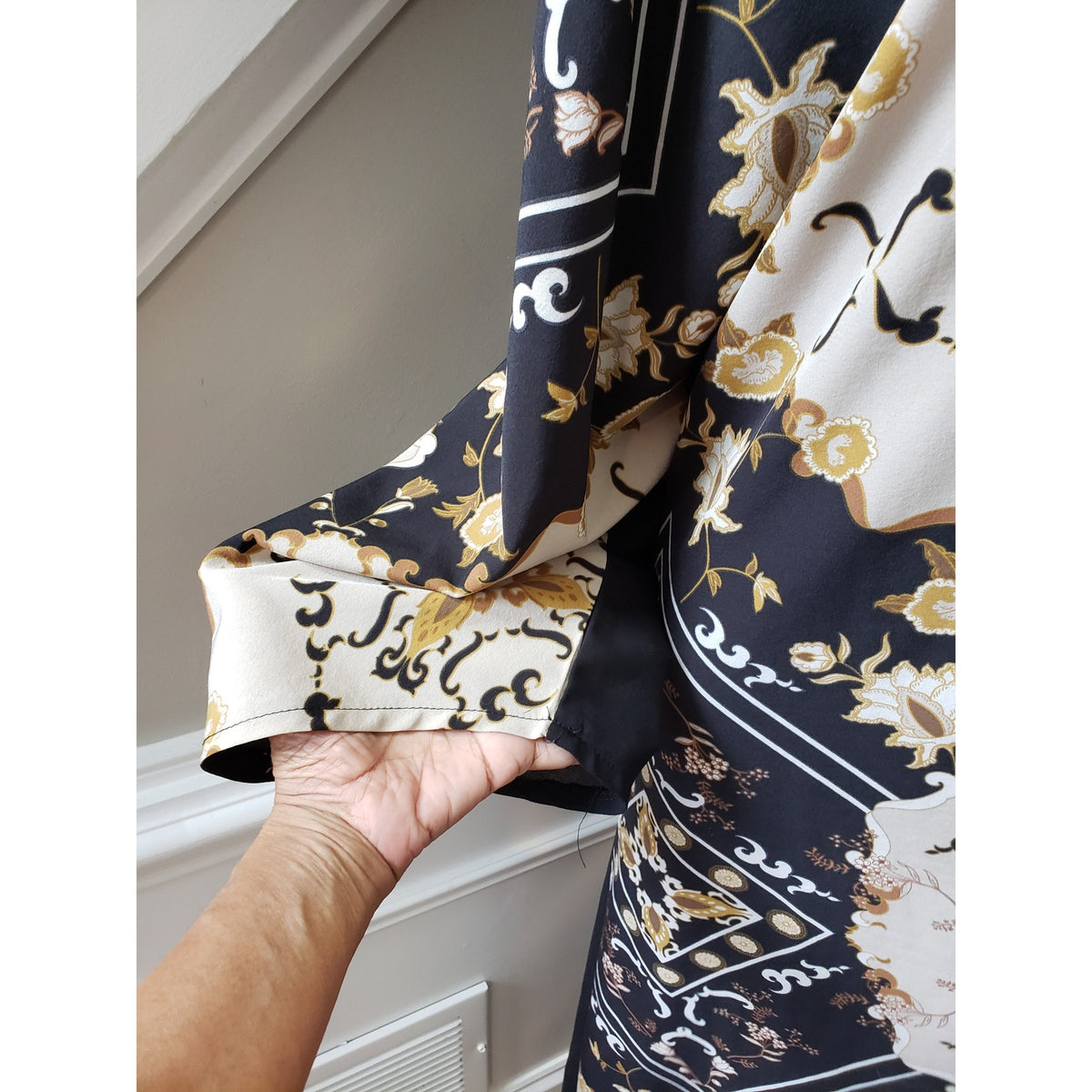 Moosta Midi Dress Women Size 2X Black Beige Baroque Print Long Sleeve Boho