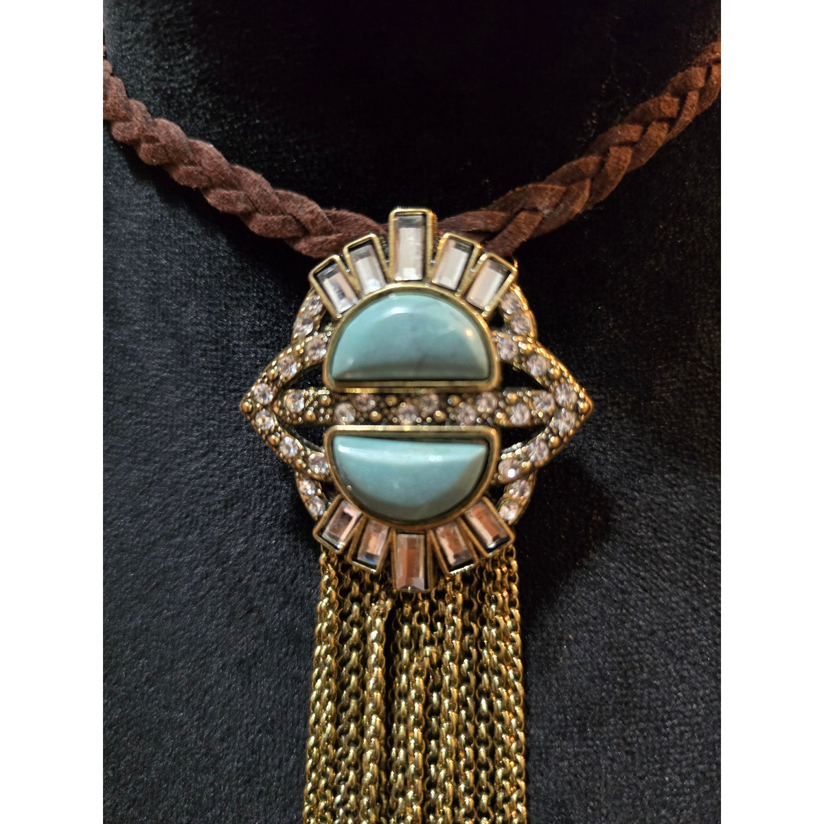 Women's Boho Statement Necklace Turquoise Tone Pendant Gold Fringe Brown Cord