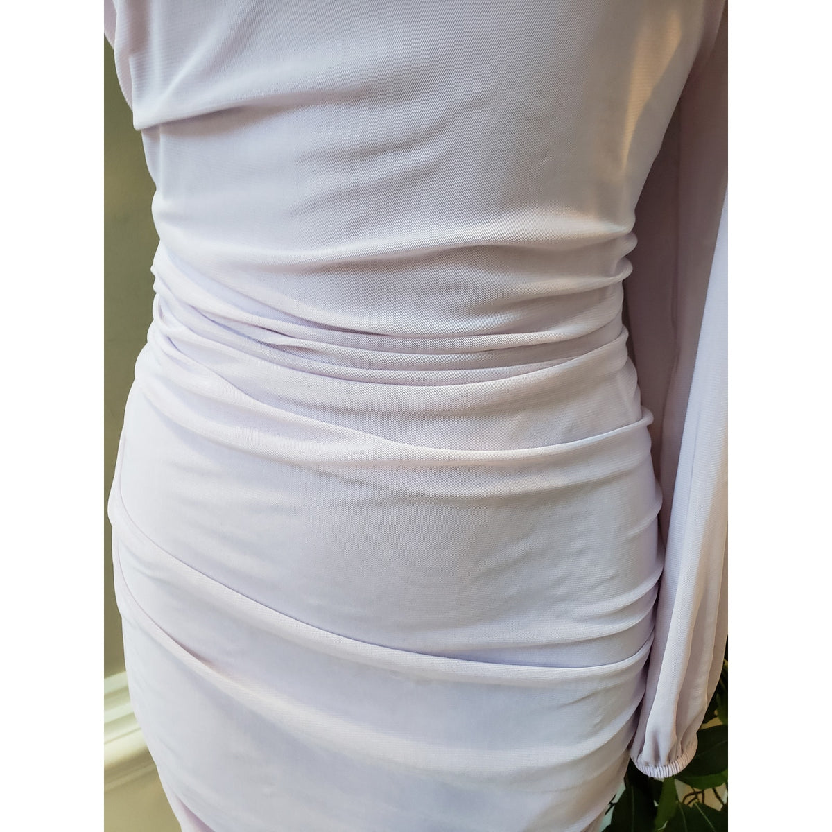 SHEIN Bodycon Dress Womens 12 Lavender Lantern Sleeve One Shoulder Ruched