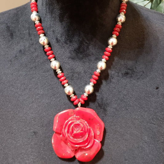 Womens Red Rose Acrylic Carved Flower Pendant Metal Beads Necklace with Lobster