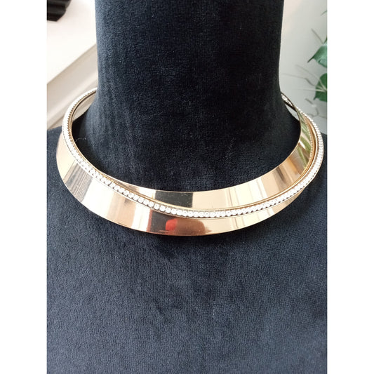 Gold Tone Wide Collar Choker Necklace Mirror Finish Modern Statement Necklace