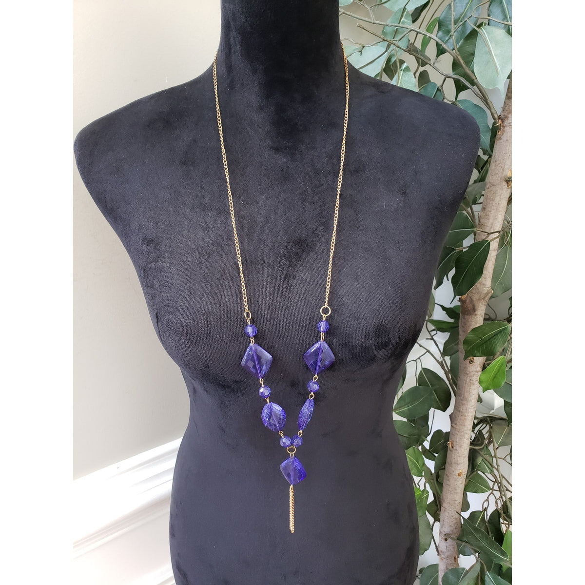 Women Fashion Gold Tone Blue Octagon Acrylic Beads Lariat Necklace with Lobster