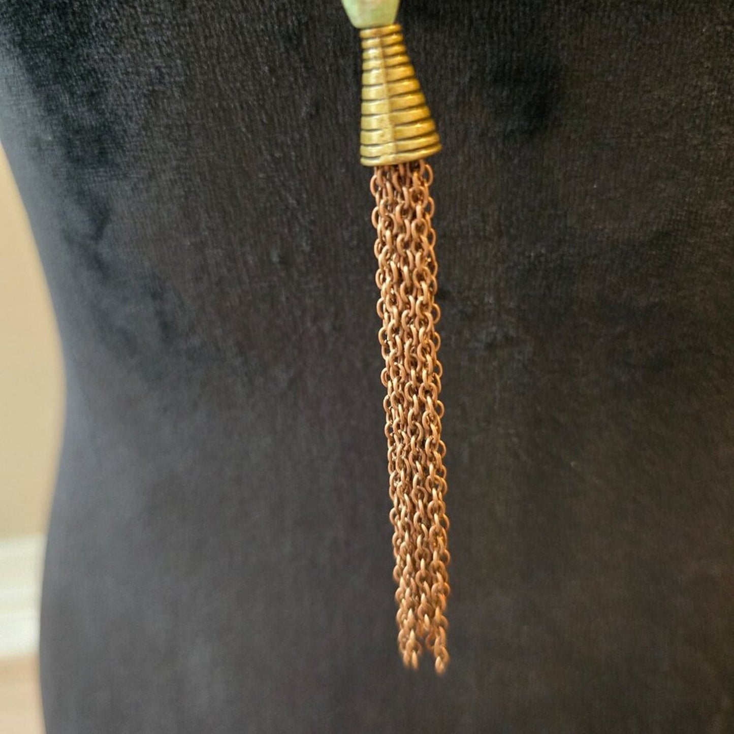 Women's Fashion Long Chain Gold Tone Prehnite Stone Pendant Tassel Necklace