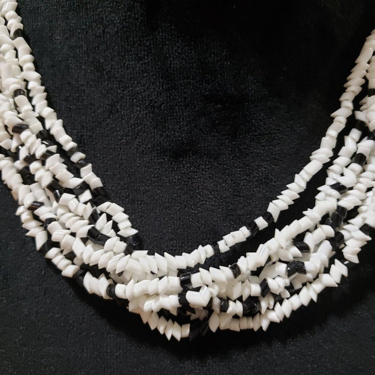 Womens Fashion Multistrand Black White Beaded Collar Necklace with Lobster Clasp