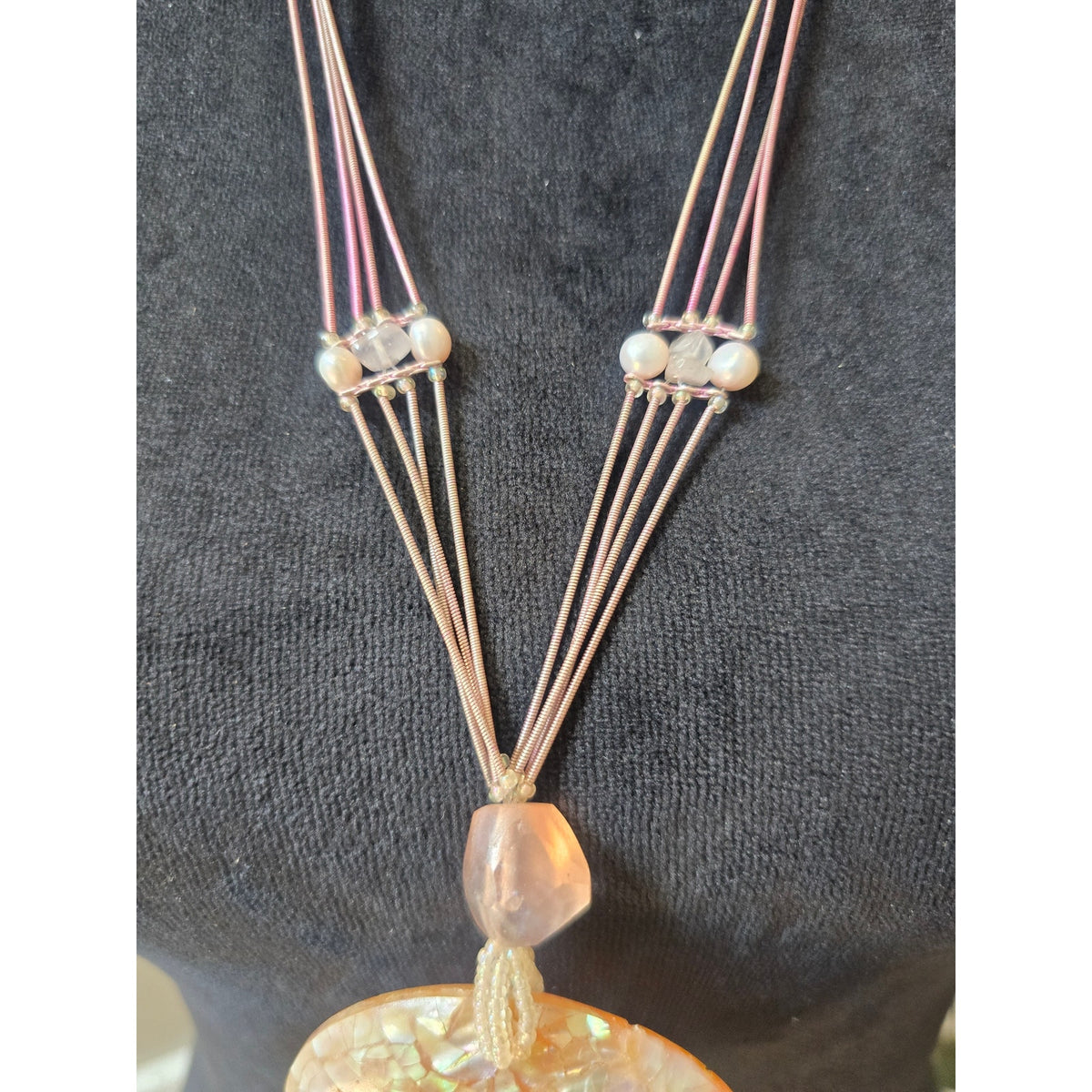 Brown Multi Strand Cord Iridescent Shell Pendant Statement Necklace