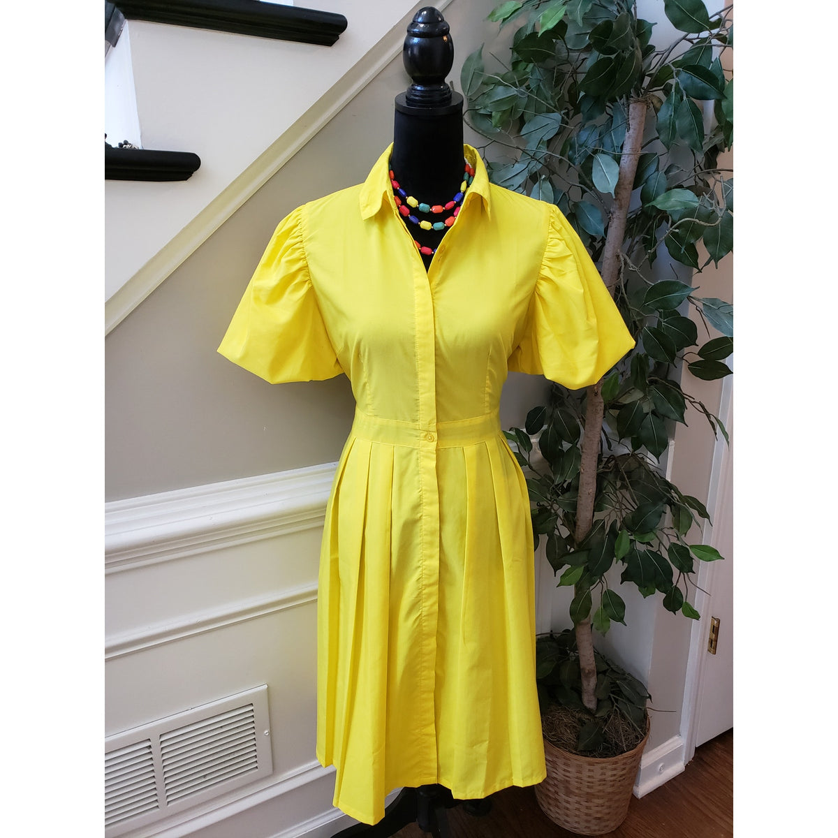 True Destiny A Line Shirt Dress Women's Large Yellow Puff Sleeve Button Down