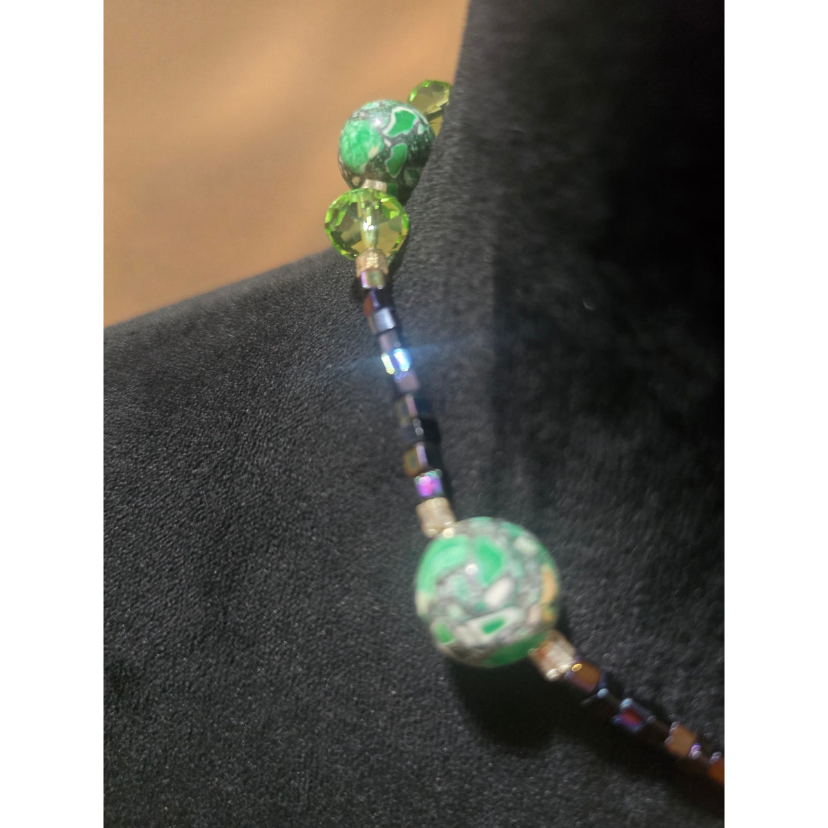 Women's Green Beaded Necklace With Silver Butterfly Pendant And Toggle Clasp