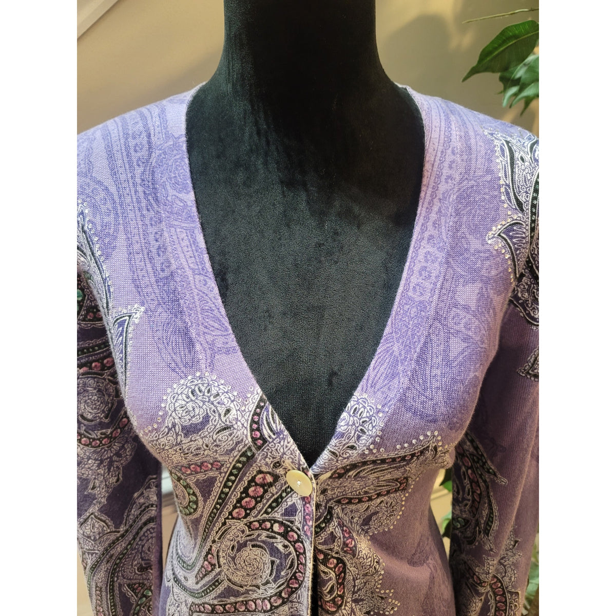 Chico's Cardigan Sweater Women's Size 1/M Purple Paisley V-Neck Long Sleeves