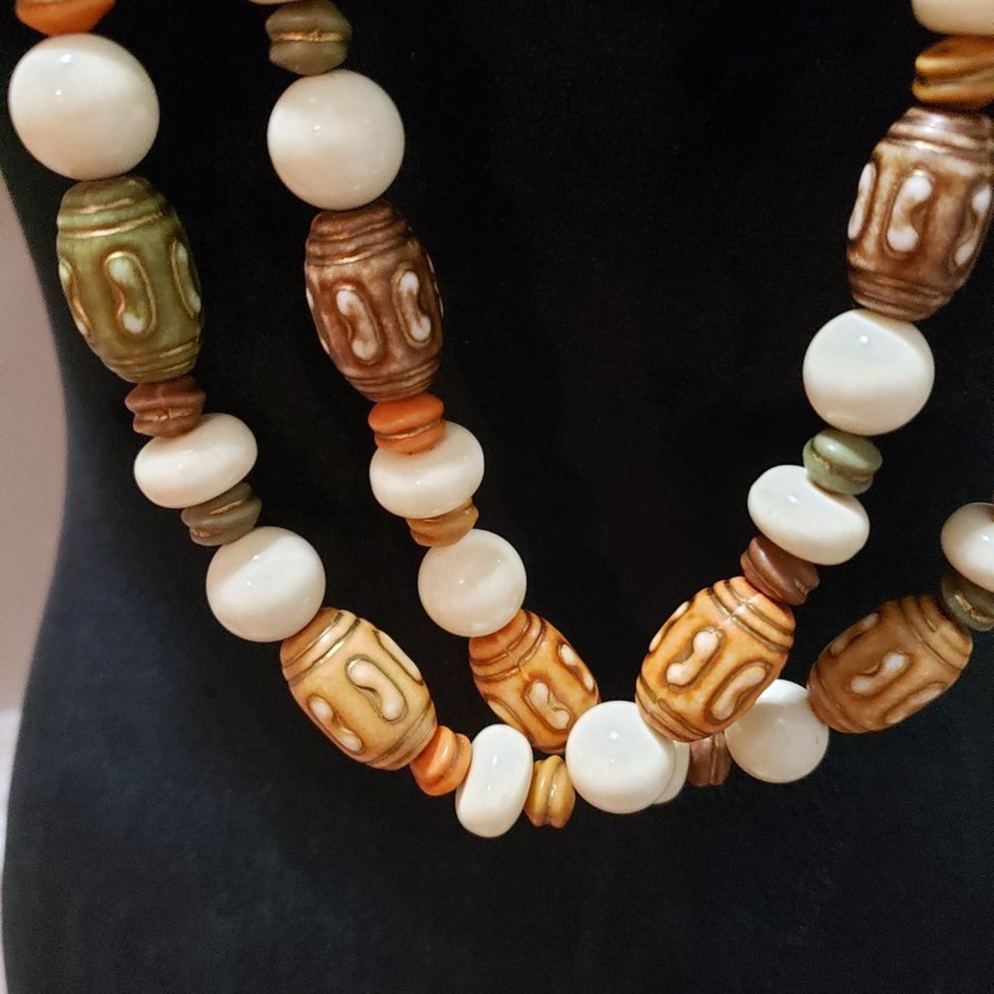 Womens Fashion Faux Ivory Carvings Beads Long Collar Necklace with Lobster Clasp