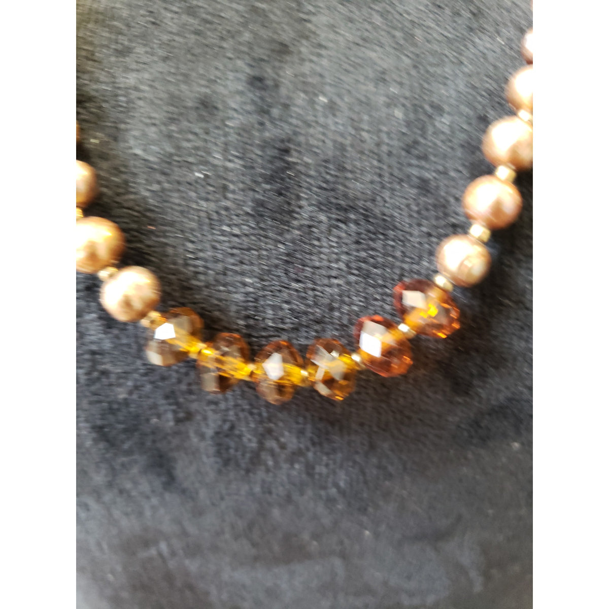 Vintage Amber Yellow Brown Beaded Necklace Faceted Glass & Faux Pearls