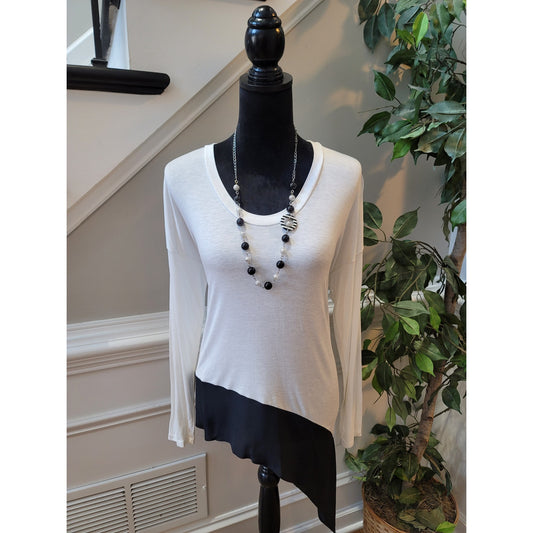 Mason by Michelle Mason Blouse Women's S White Black Scoop Neck Long Sleeves