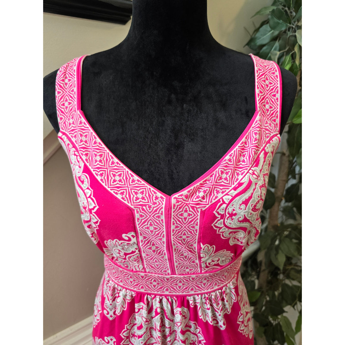 Apt 9 Midi Dress Women's Large Pink/White Geometric Pleated Stretch Empire Waist