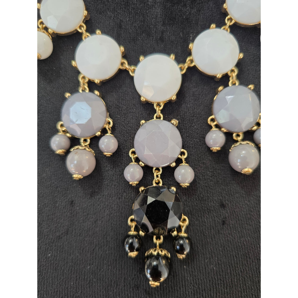 White Gray & Black Beaded Drop Statement Necklace Gold Tone Chain