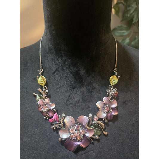 Women's Purple Floral Necklace With Rhinestones And Lobster Clasp Closure