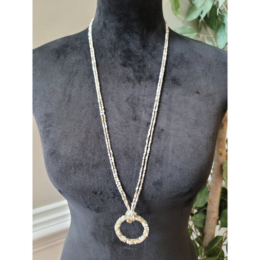 Women's Beaded Necklace With White And Gold Seed Beads And Circle Pendant