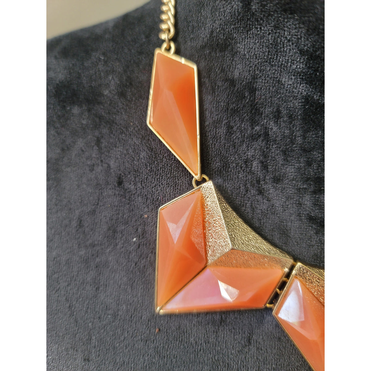 Women's Statement Necklace and Earrings Set Coral Orange Geometric Gold Tone