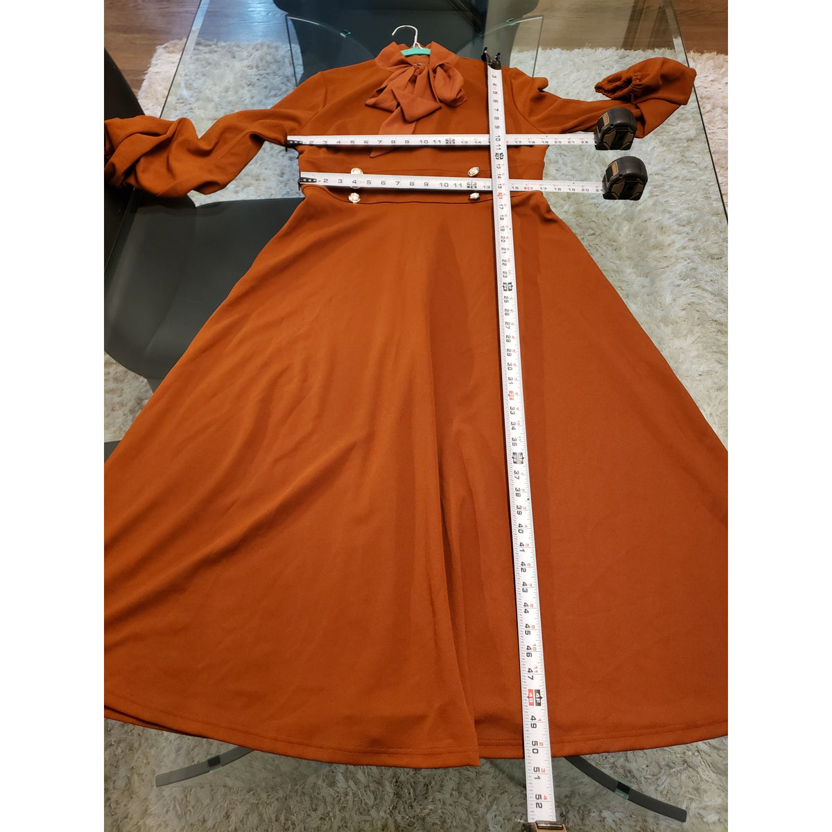 SHEIN Dress Women's XL Brown Empire Waist Double Button Detail Lantern Tie Neck