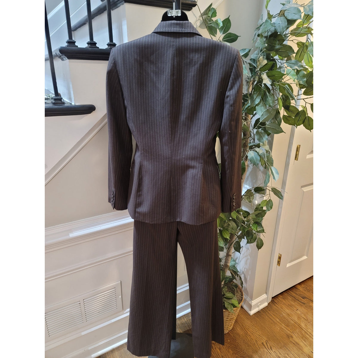 Anne Klein Pant Suit Women SZ 6 Brown Pinstripe Single Button Blazer Welt Pocket