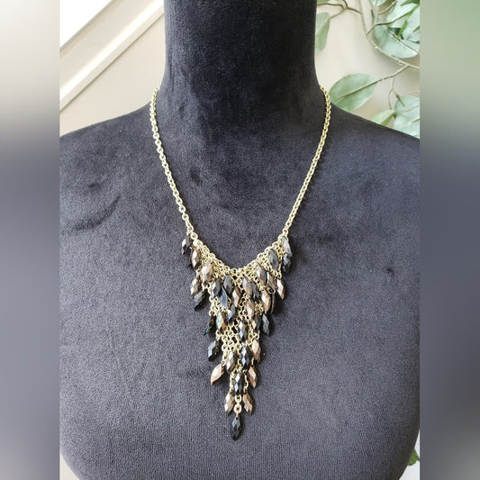 Womens Black Faceted Onyx Bead Chain Mail Waterfall Bib Necklace Lobster Clasp