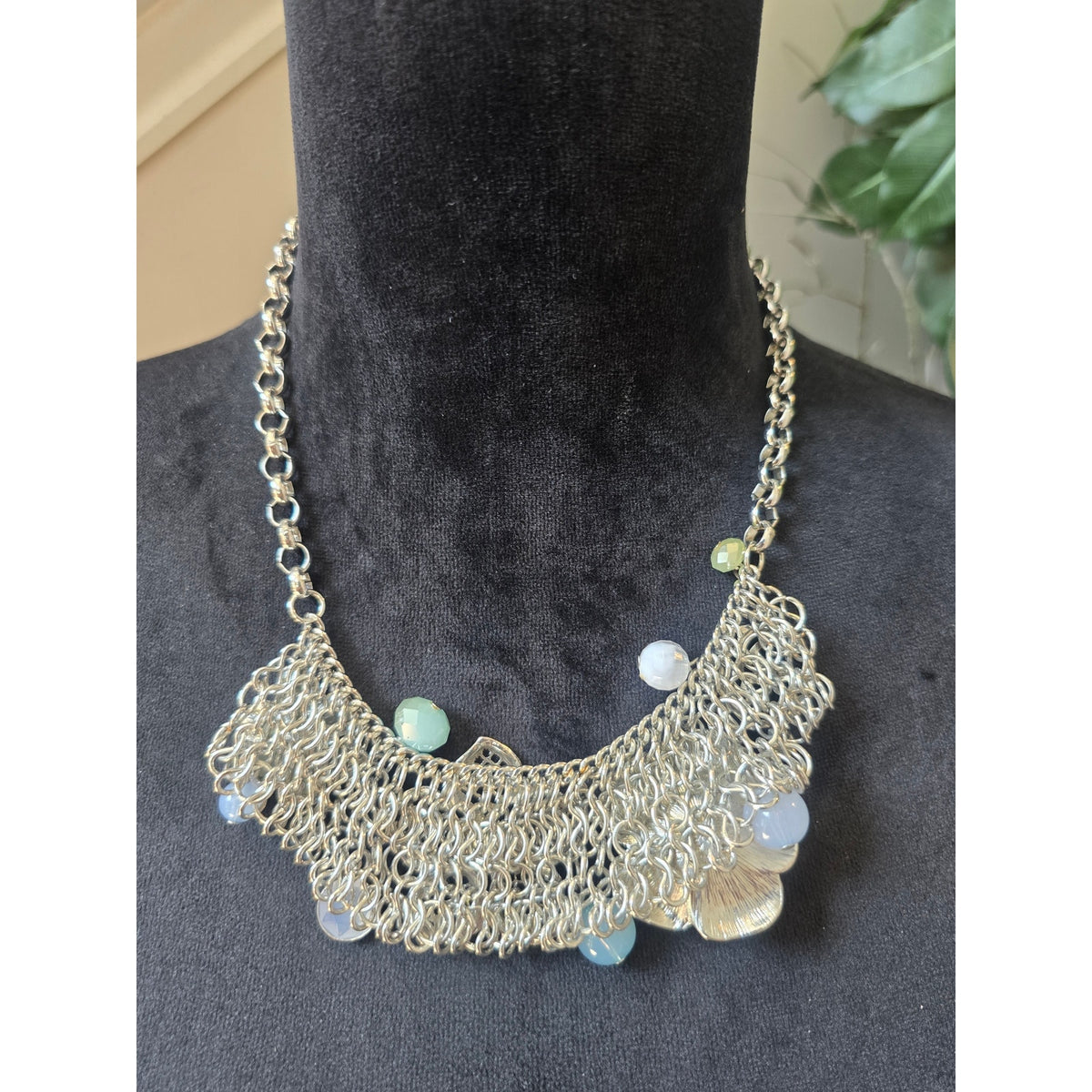 Silver Tone Pastel Floral Rhinestone Bib Statement Necklace
