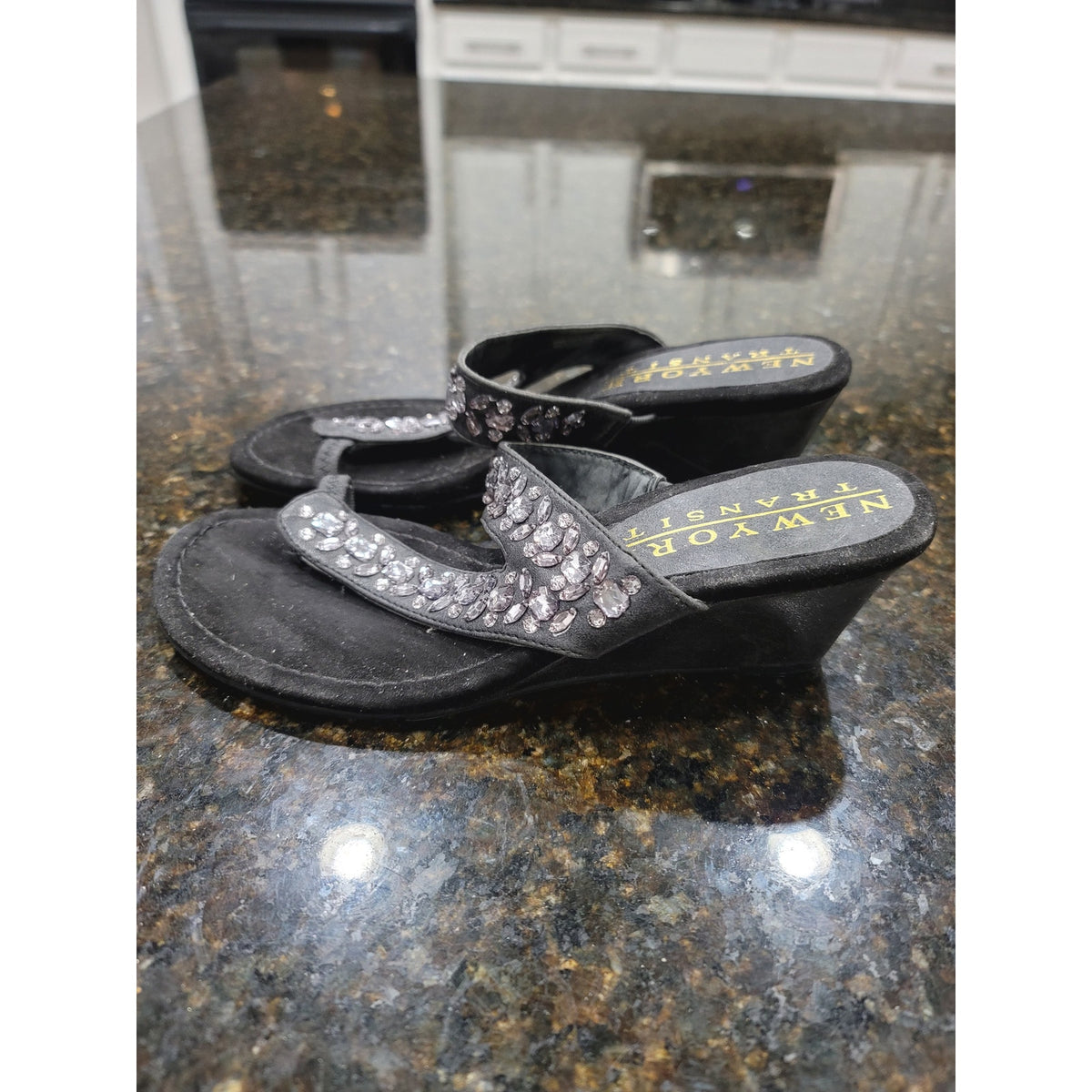 New York Transit Bling Wedge Sandals Womens Size 8M Black Crystal Stone Slip On