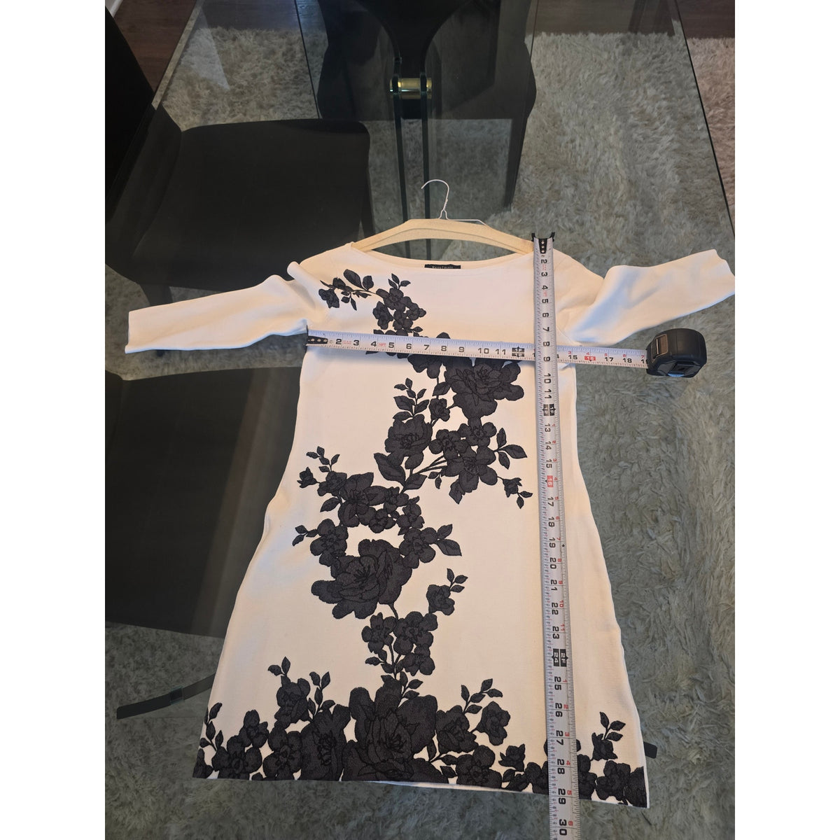 WHBM Sheath Dress Women's SZ XS White/Black Floral Knit Boat Neck 3/4 Sleeves