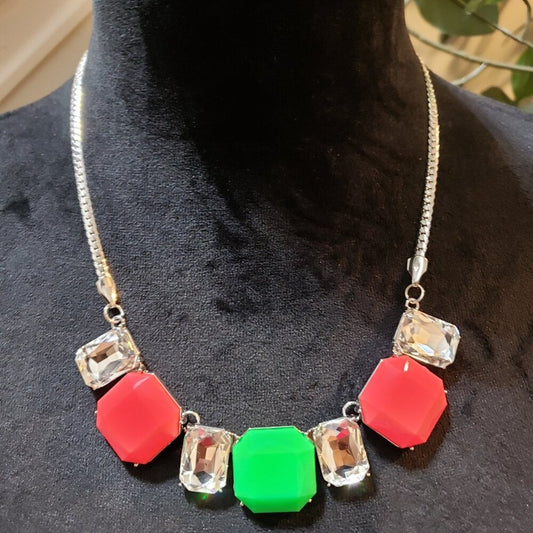 Womens Fashion Royal Crest Pink Green Bib Necklace Jewelry with Lobster Clasp