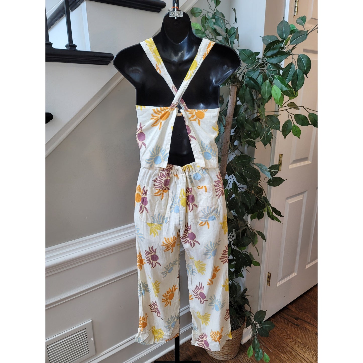 Zara Jumpsuit Girls Size 13/14 Multicolor Sun Print Linen Blend Cropped